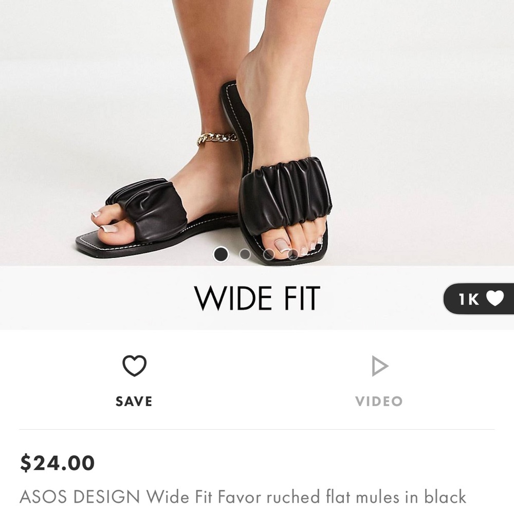 NWT ASOS DESIGN Wide Fit Favor ruched flat mules in black